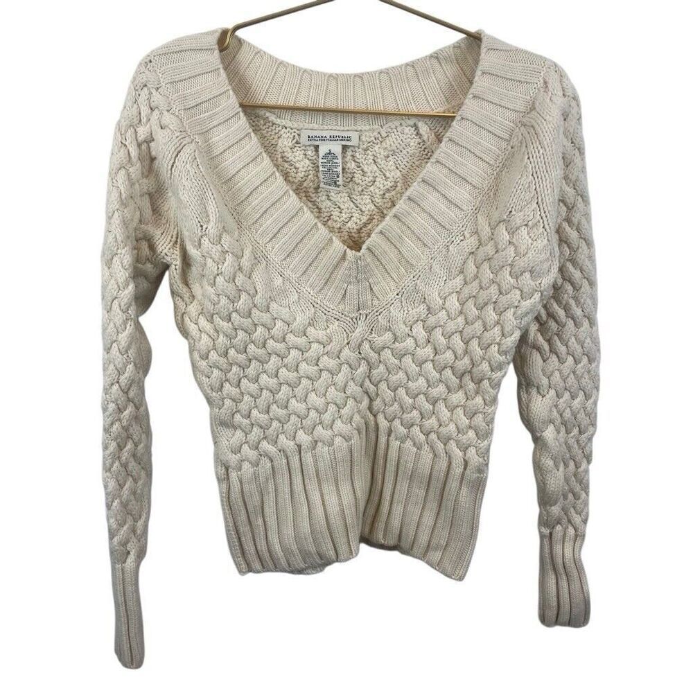 Banana Republic 100% Extra Fine‎ Merino Wool Cream Cropped Sweater Sz S Y2K 2004